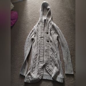 Women's tan button down hooded long sweater